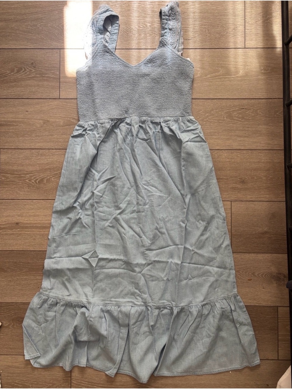 Old Navy Chambray Maxi Dress with Ruffle Hem and Straps, size Large Tall